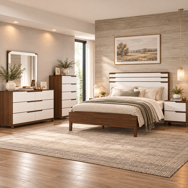 MARSEILLA Cama, Gavetero con Espejo & Mesa de Noche